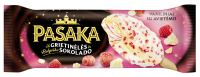 PASAKA vaniliniai grietininiai ledai su aviečių įdaru glaistyti belgišku baltuoju šokoladu su aviečių gabaliukais, 102ml