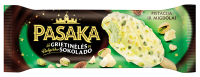 PASAKA grietininiai ledai su pistacijomis. Glaistyti belgišku baltuoju šokoladu su pistacijų ir migdolų gabaliukais, 102ml